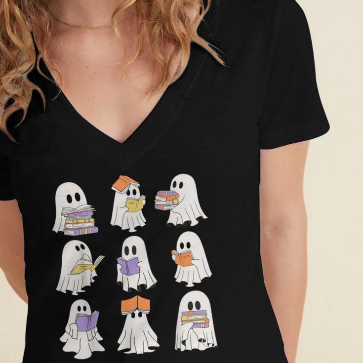 Cute Ghost Reading Books Teacher Halloween Reading Men Women Kids Women's Jersey Short Sleeve Deep V-Neck Tshirt