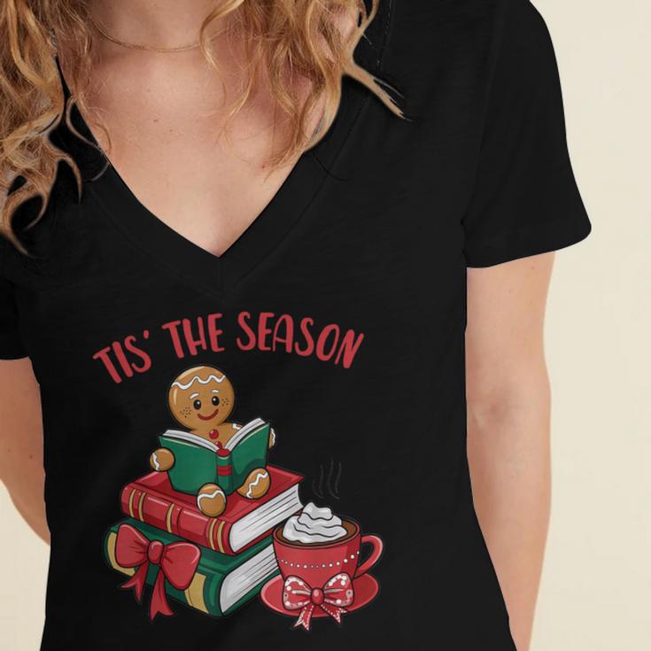 Cute Gingerbread Man Reading Book Nerd Christmas Bookish Women's Jersey Short Sleeve Deep V-Neck Tshirt