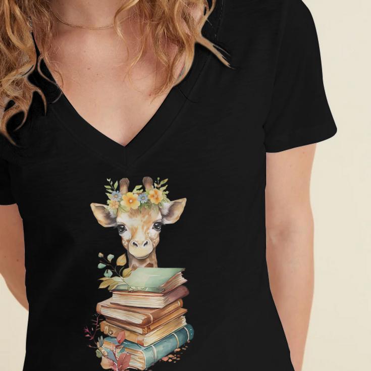 Cute Giraffe With Book Floral Bookworm Librarian Book Lover Women's Jersey Short Sleeve Deep V-Neck Tshirt