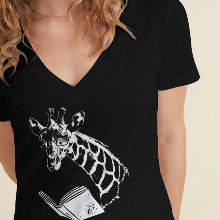 Cute Giraffe Wear Glasses Reading Book Librarian Bookworm Women's Jersey Short Sleeve Deep V-Neck Tshirt