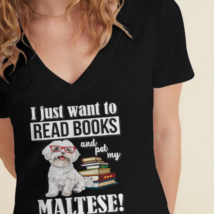 Cute Glasses Read Books & Pet My Maltese Lover Women's Jersey Short Sleeve Deep V-Neck Tshirt