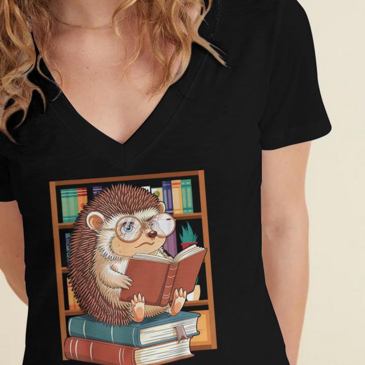 Cute Hedgehog Book Nerd Women's Jersey Short Sleeve Deep V-Neck Tshirt