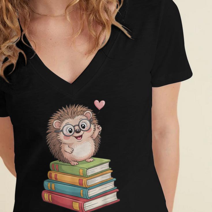 Cute Hedgehog Reading Books Animal Lover Reader Bookworm Women's Jersey Short Sleeve Deep V-Neck Tshirt