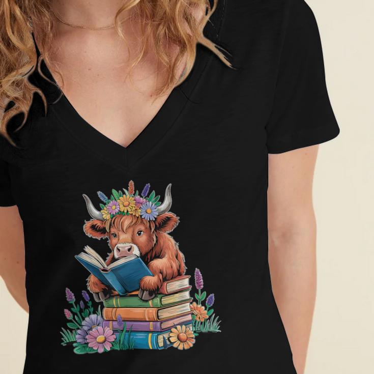 Cute Highland Cow Reading Book Baby Cow Bookworm Women's Jersey Short Sleeve Deep V-Neck Tshirt