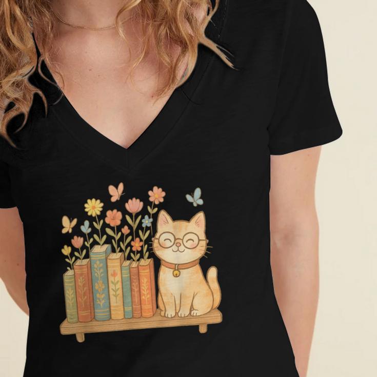 Cute Kawaii Cat Books Flowers Women's Jersey Short Sleeve Deep V-Neck Tshirt