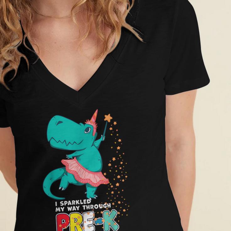 Cute Magical Ballerina Dino Unicorn Pre-K Graduation Women's Jersey Short Sleeve Deep V-Neck Tshirt