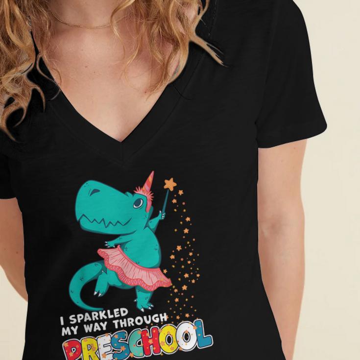 Cute Magical Ballerina Dino Unicorn Preschool Graduation Women's Jersey Short Sleeve Deep V-Neck Tshirt