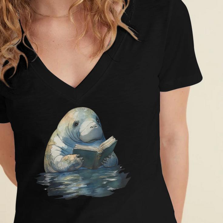 Cute Manatee Reading Book Bookworm Readers Manatee Lover Women's Jersey Short Sleeve Deep V-Neck Tshirt Cute Manatee Reading Book Bookworm Readers Manatee Lover Women's Jersey Short Sleeve Deep V-Neck Tshirt
