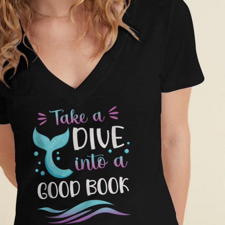 Cute Mermaid Librarian Teacher Dive Into A Good Book Reading Women's Jersey Short Sleeve Deep V-Neck Tshirt