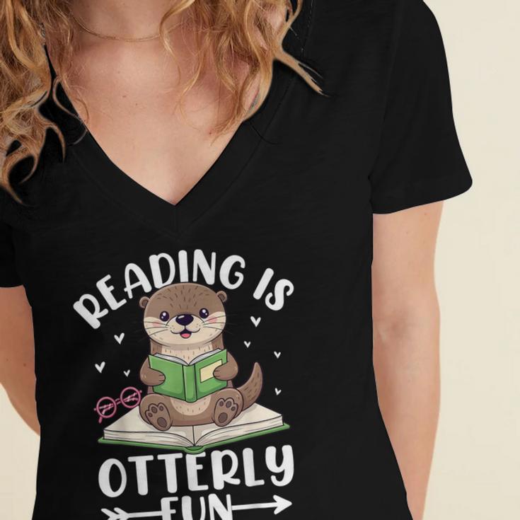 Cute Otter Reading Book Lover Sea Otters Animal Lover Women's Jersey Short Sleeve Deep V-Neck Tshirt