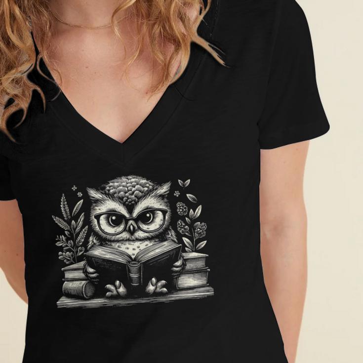 Cute Owl Reading Book Graphic Art Women's Jersey Short Sleeve Deep V-Neck Tshirt