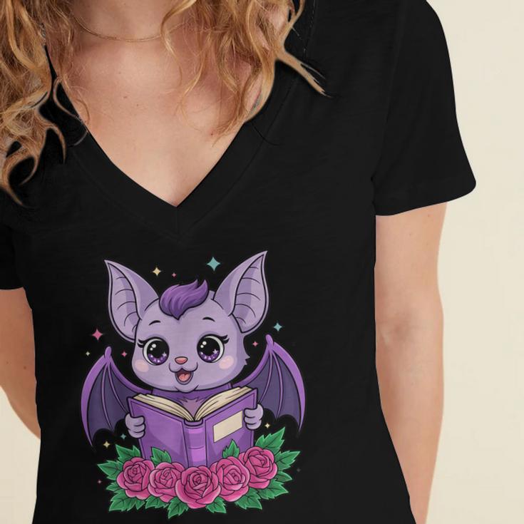 Cute Pastel Goth Bat Reading Book Women's Jersey Short Sleeve Deep V-Neck Tshirt