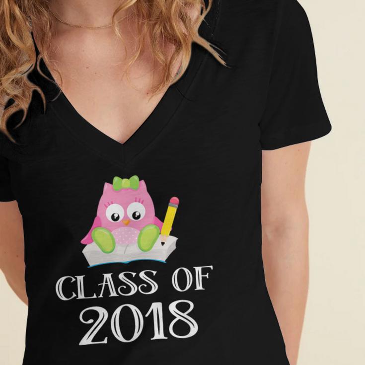 Cute Pink School Owl Class Of 2018 Graduation Women's Jersey Short Sleeve Deep V-Neck Tshirt