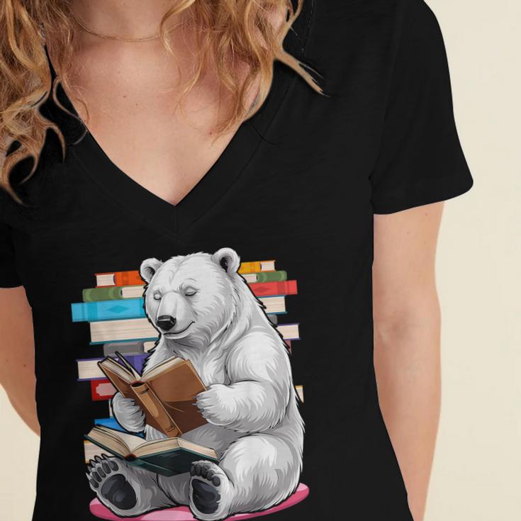 Cute Polar Bear Is Reading a Book Reading Polar Bear Women's Jersey Short Sleeve Deep V-Neck Tshirt