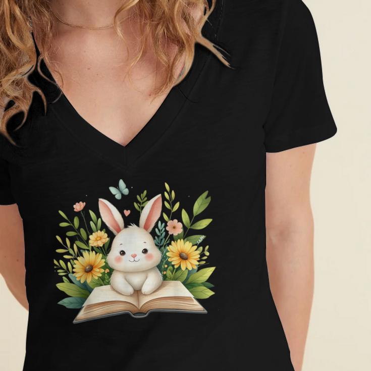Cute Rabbit And Book Women Girls Reading Book Rabbit Lover Women's Jersey Short Sleeve Deep V-Neck Tshirt