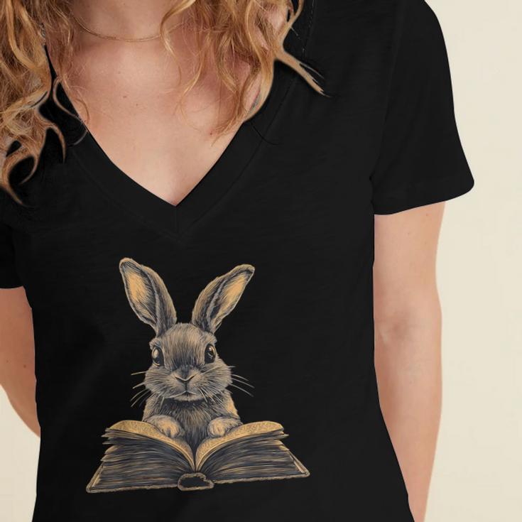 Cute Rabbit Bunny Book Lover Women's Jersey Short Sleeve Deep V-Neck Tshirt Cute Rabbit Bunny Book Lover Women's Jersey Short Sleeve Deep V-Neck Tshirt