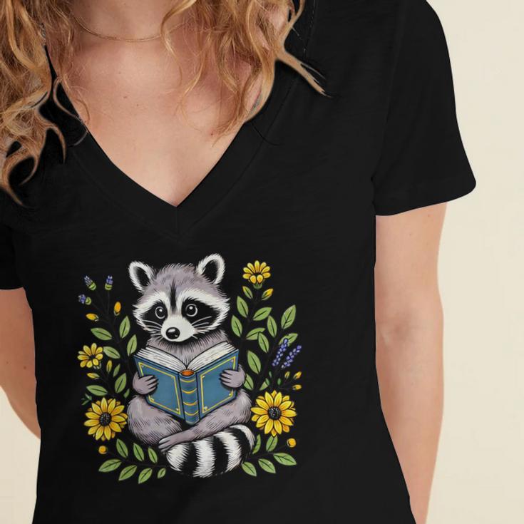Cute Raccoon Reading Book Flowers Women's Jersey Short Sleeve Deep V-Neck Tshirt