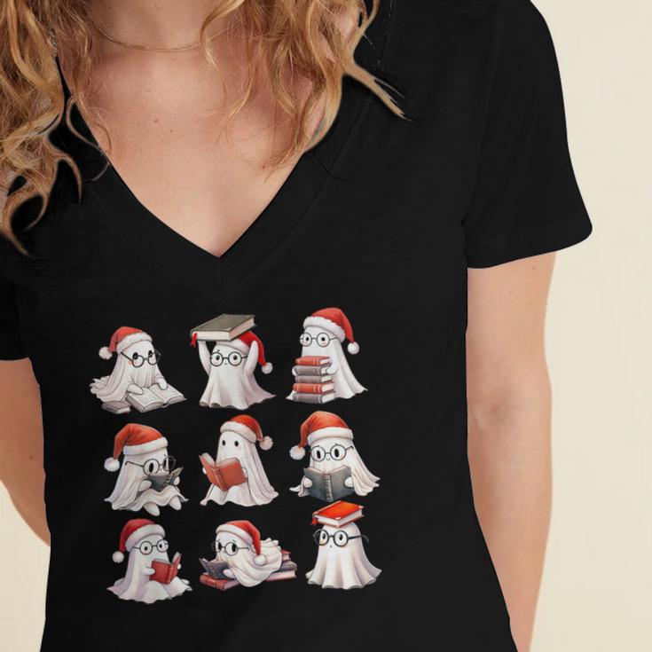 Cute Read More Booooooks Ghost Read More Books Christmas Women's Jersey Short Sleeve Deep V-Neck Tshirt