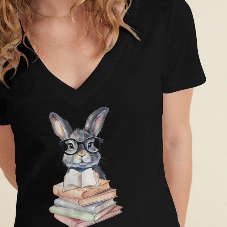 Cute Reading Bunny With Glasses Books Reader Book Bookworm Women's Jersey Short Sleeve Deep V-Neck Tshirt