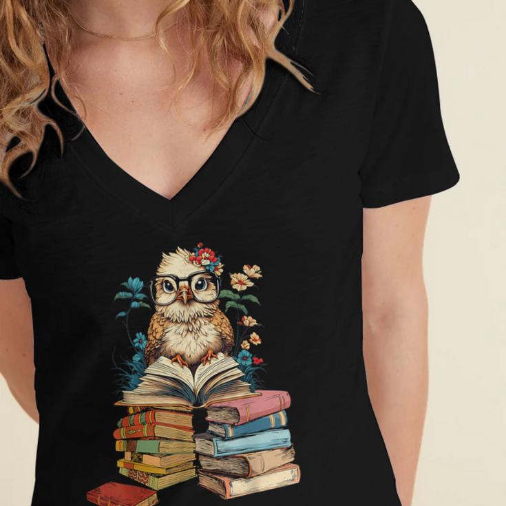 Cute Reading Chicken With Glasses Books Bookworm Reader Book Women's Jersey Short Sleeve Deep V-Neck Tshirt