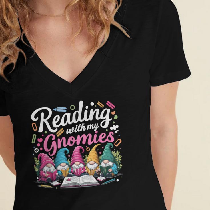 Cute Reading With My Gnomies Gnome Book Bookworm Lover Women's Jersey Short Sleeve Deep V-Neck Tshirt