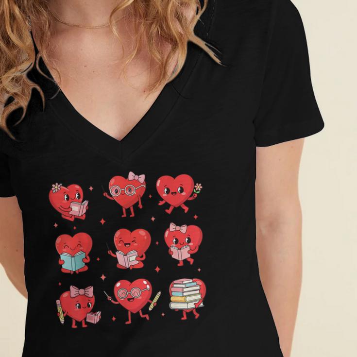 Cute Reading Hearts Valentine Day Book Lover Teacher Student Women's Jersey Short Sleeve Deep V-Neck Tshirt Cute Reading Hearts Valentine Day Book Lover Teacher Student Women's Jersey Short Sleeve Deep V-Neck Tshirt