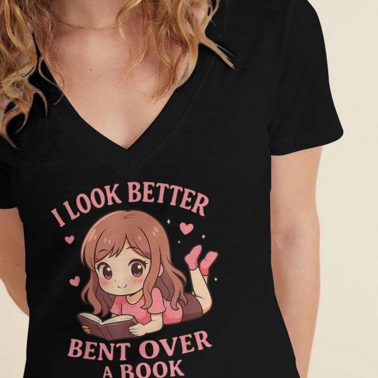 Cute Reading Outfit Book Lover Tee For Women Who Read Women's Jersey Short Sleeve Deep V-Neck Tshirt