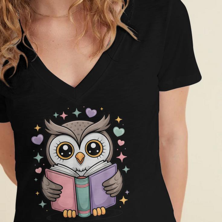Cute Reading Owl Book Lover Teacher Librarian Bookworm Women's Jersey Short Sleeve Deep V-Neck Tshirt