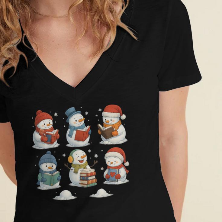 Cute Snowman Reading Books Christmas Winter Book Lover Women's Jersey Short Sleeve Deep V-Neck Tshirt