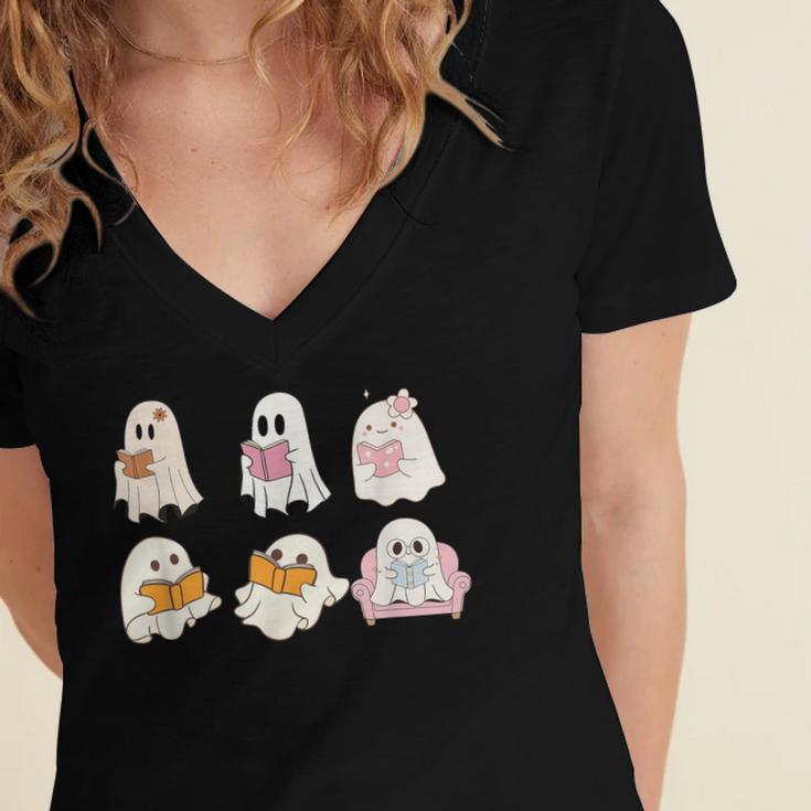 Cute Spooky Reading Book Halloween Fall Ghost Autumn Women's Jersey Short Sleeve Deep V-Neck Tshirt