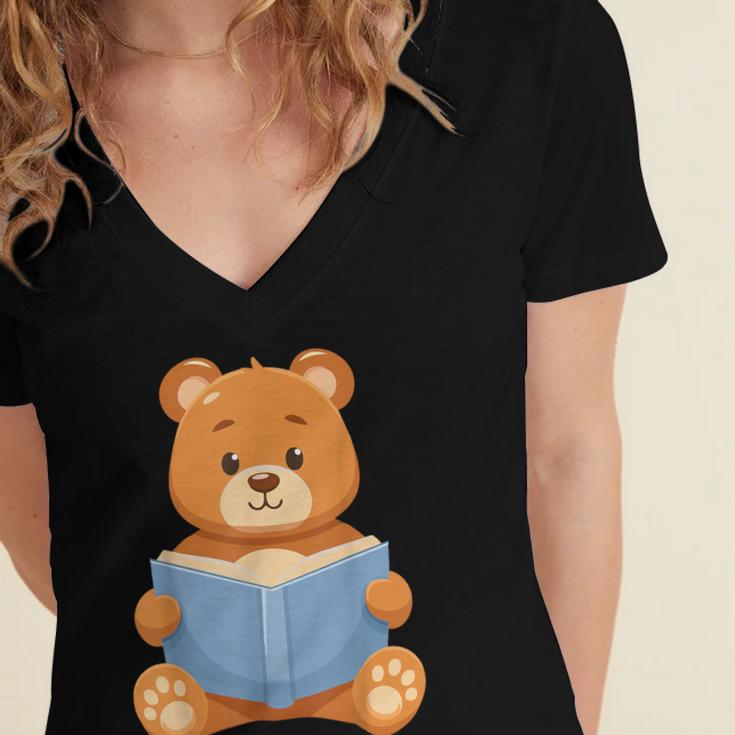 Cute Teddy Bear Reading Book Adorable For Readers Women's Jersey Short Sleeve Deep V-Neck Tshirt Cute Teddy Bear Reading Book Adorable For Readers Women's Jersey Short Sleeve Deep V-Neck Tshirt