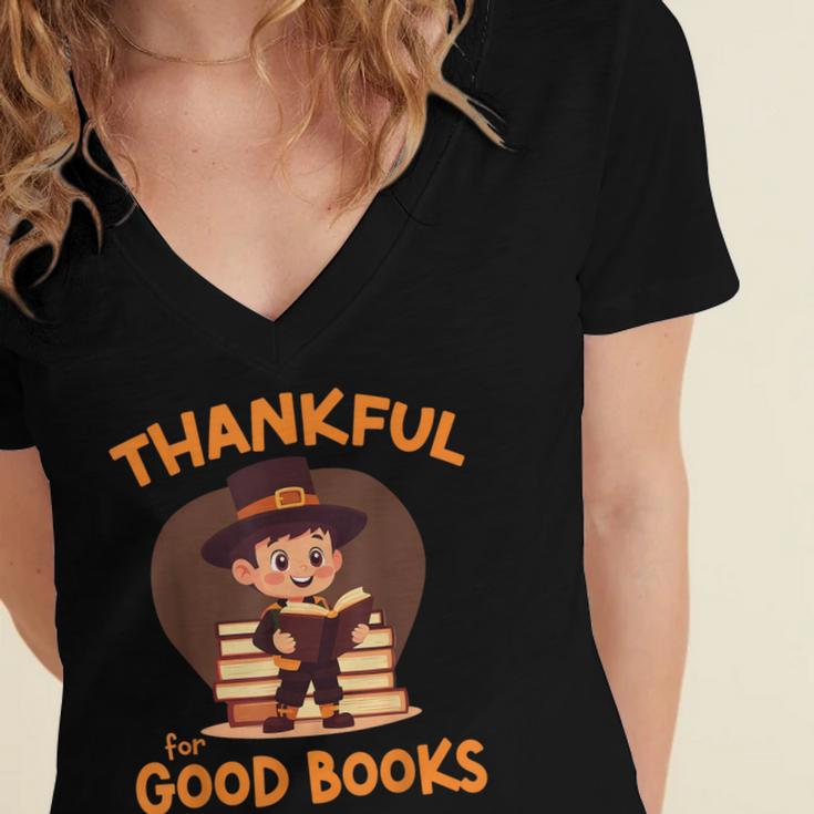 Cute Thanksgiving Teacher Librarian Thankful Reading Books Women's Jersey Short Sleeve Deep V-Neck Tshirt