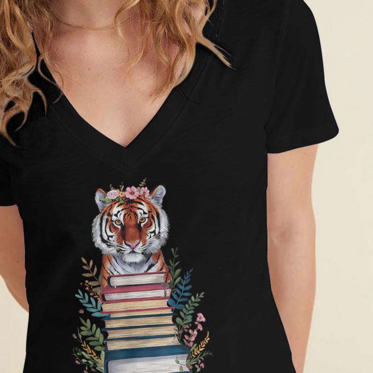 Cute Tiger With Book Floral Bookworm Librarian Book Lover Women's Jersey Short Sleeve Deep V-Neck Tshirt