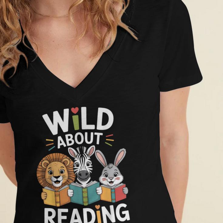 Cute Wildlife Zoo Animals For Book Reader Bookworms Women's Jersey Short Sleeve Deep V-Neck Tshirt