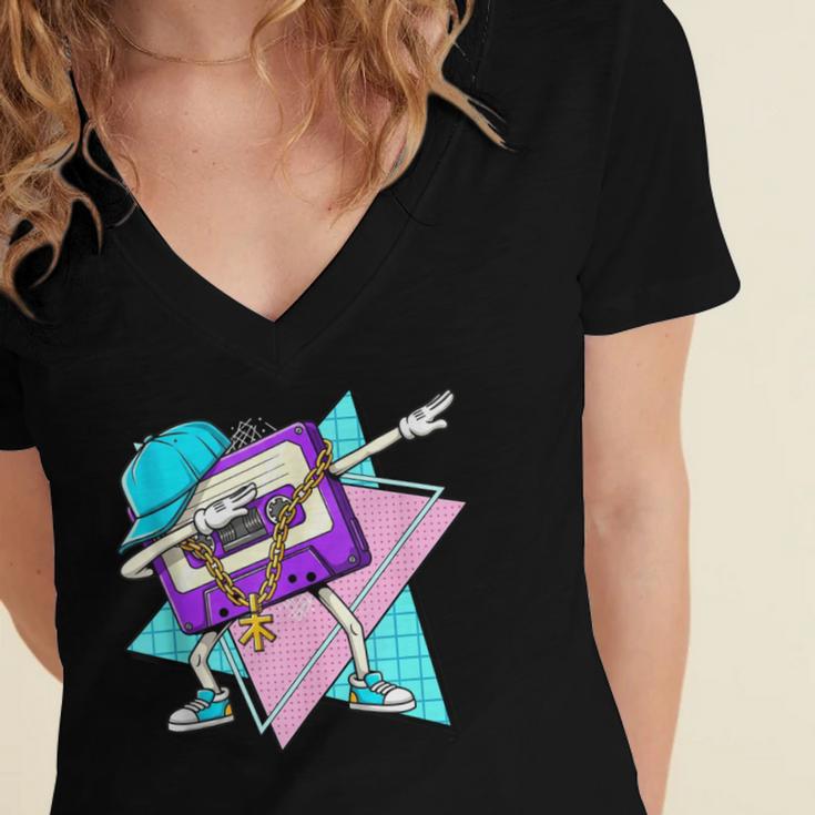 Dabbing Cassette Tape 70s 80s 80s Outfit Nostalgia Women's Jersey Short Sleeve Deep V-Neck Tshirt