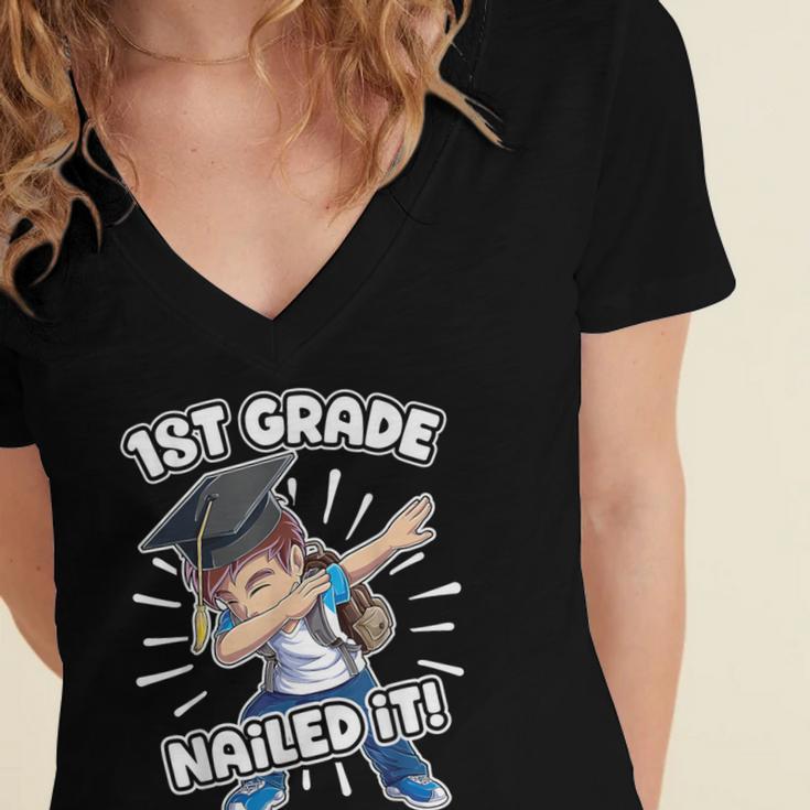 Dabbing Graduation Boy 1st Grade Class Of 2021 Nailed It Women's Jersey Short Sleeve Deep V-Neck Tshirt