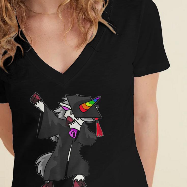 Dabbing Unicorn Cap And Gown Graduate 2021 Graduation Day Women's Jersey Short Sleeve Deep V-Neck Tshirt