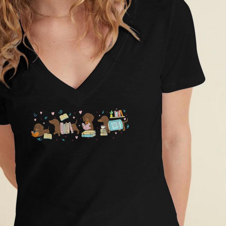 Dachshund Book Lover Reading Wiener Dog 100 Days Of School Women's Jersey Short Sleeve Deep V-Neck Tshirt