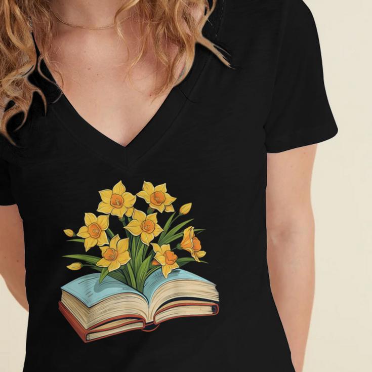 Daffodils Flowers Book Floral Women's Jersey Short Sleeve Deep V-Neck Tshirt