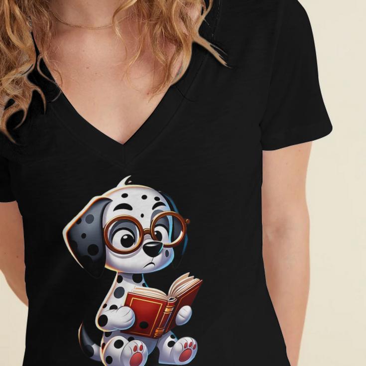 Dalmatian Reading a Book Dog Women's Jersey Short Sleeve Deep V-Neck Tshirt Dalmatian Reading a Book Dog Women's Jersey Short Sleeve Deep V-Neck Tshirt