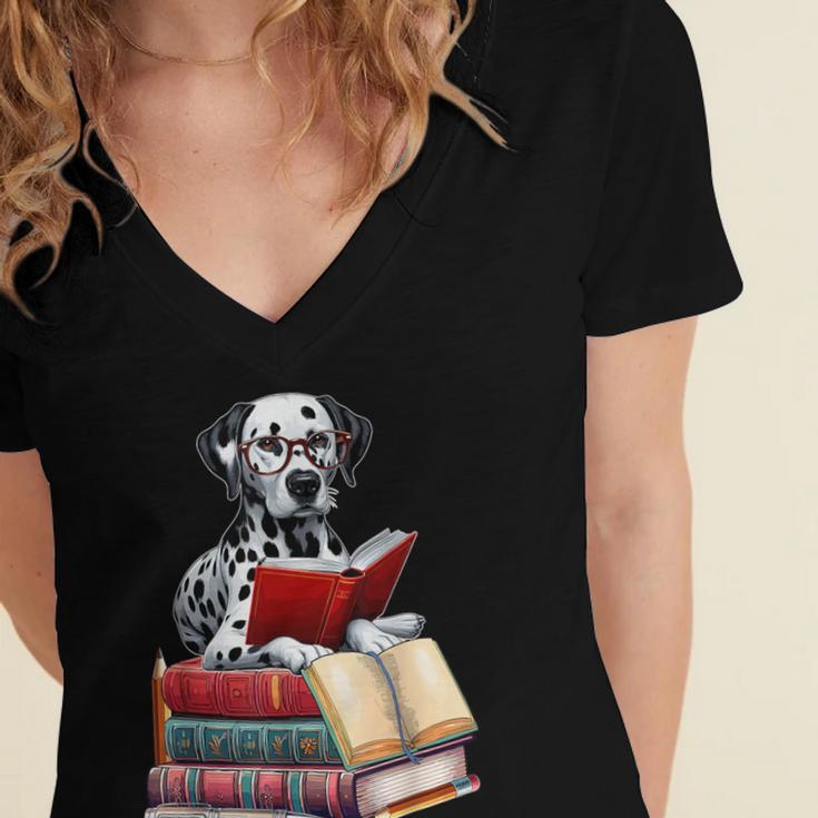 Dalmatian Reading Books Matching Bookworm Readers Librarian Women's Jersey Short Sleeve Deep V-Neck Tshirt