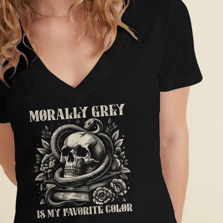 Dark Romance Book Villain Morally Grey Is My Favorite Color Women's Jersey Short Sleeve Deep V-Neck Tshirt