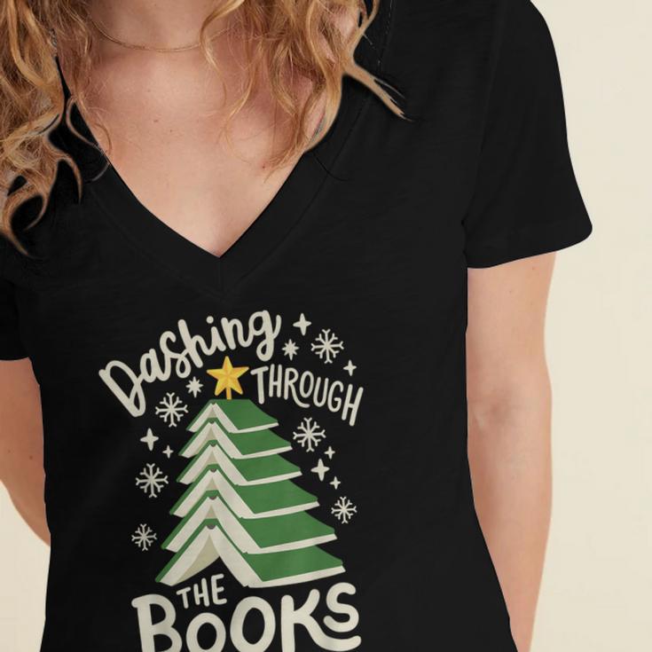 Dashing Through The Books Christmas Book Lovers Men Women Women's Jersey Short Sleeve Deep V-Neck Tshirt