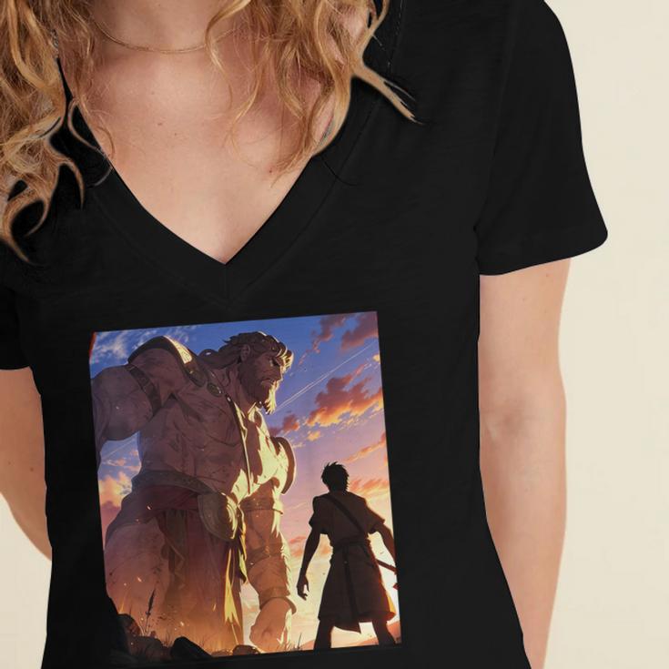 David And Goliath Bible Book Of Samuel Famous Bible Story Women's Jersey Short Sleeve Deep V-Neck Tshirt