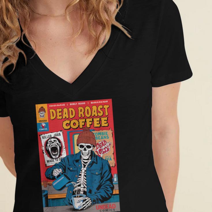 Dead Roast Coffee Comic Book Cover Style Skeleton Barista Women's Jersey Short Sleeve Deep V-Neck Tshirt