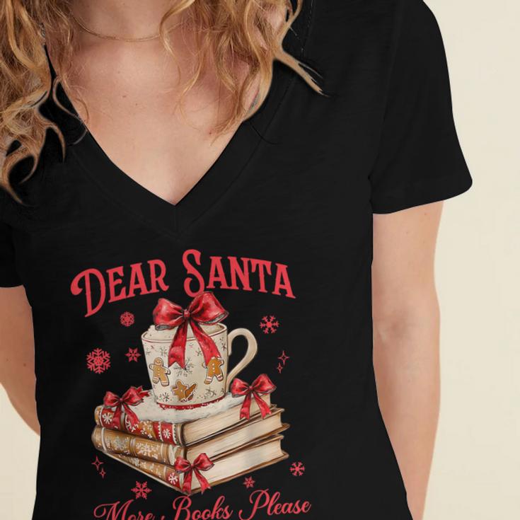 Dear Santa More Books Please Coquette Bow Books Christmas Women's Jersey Short Sleeve Deep V-Neck Tshirt