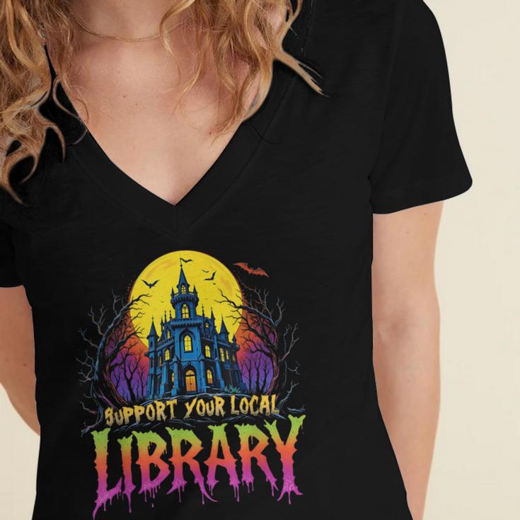 Death Gothic Support Your Local Library Lovers Book Women's Jersey Short Sleeve Deep V-Neck Tshirt