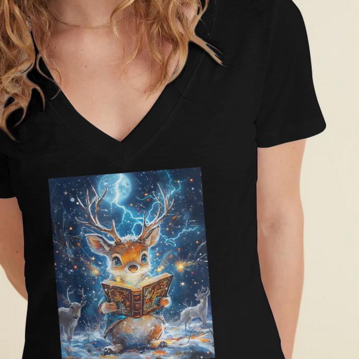 Deer Reads Book Women Girls Reindeer Women's Jersey Short Sleeve Deep V-Neck Tshirt Deer Reads Book Women Girls Reindeer Women's Jersey Short Sleeve Deep V-Neck Tshirt