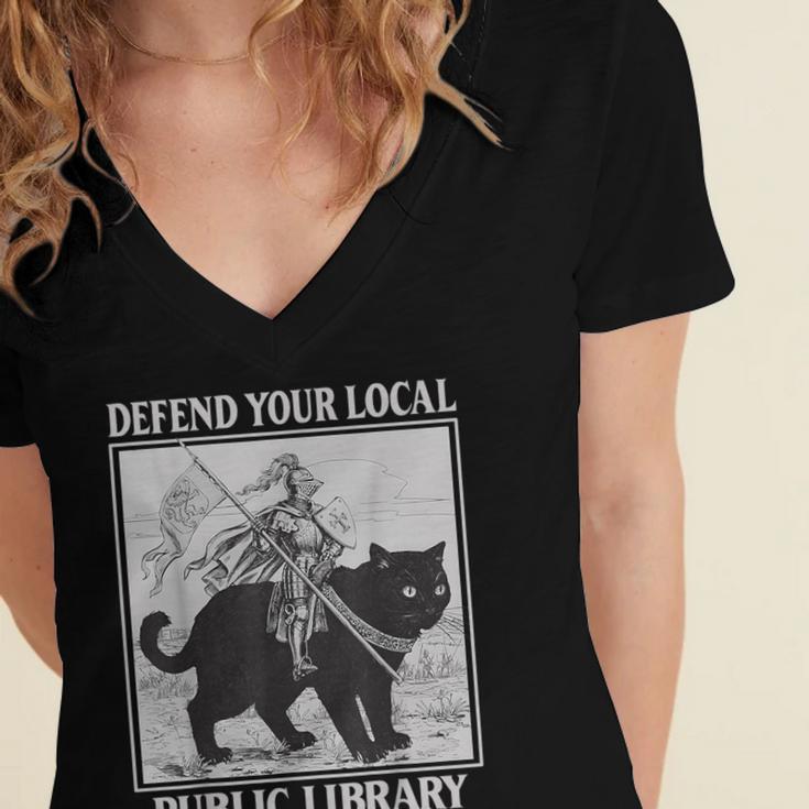 Defend Your Local Library Knight Cat Rider Book Lover Women's Jersey Short Sleeve Deep V-Neck Tshirt