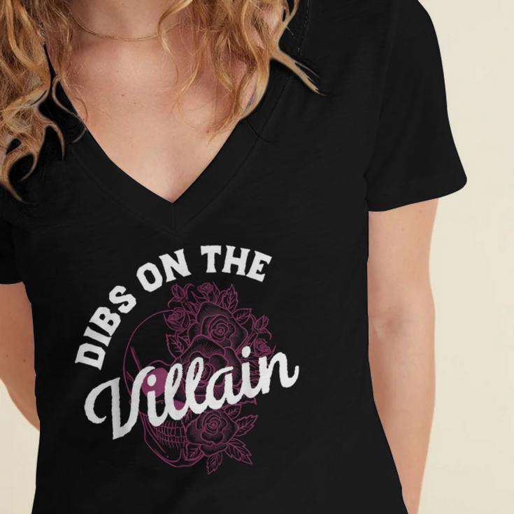 Dibs On The Villain Dark Romance Books Skeleton Morally Grey Women's Jersey Short Sleeve Deep V-Neck Tshirt